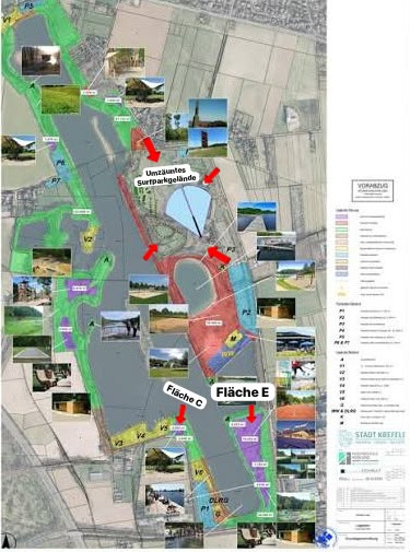 Lageübersicht mit Surfparkbereich sowie den Masterplan-Flächen C und E am Elfrather See